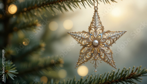 Elegant Gold Filigree Star Ornament Hanging From a Christmas Tree for Holiday Decor.