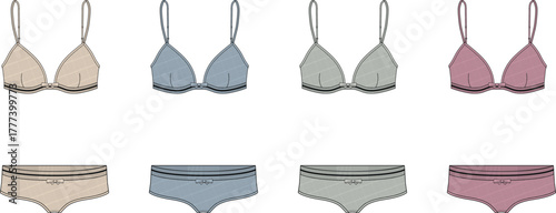 Vector illustration set of women's lingerie. Features comfortable bras and panties in various pastel colors, ideal for fashion apparel design, flat sketches, and clothing concepts