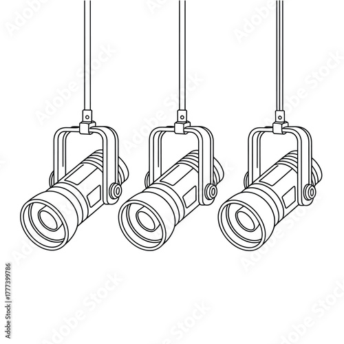 Three hanging spotlights in a simple line drawing style