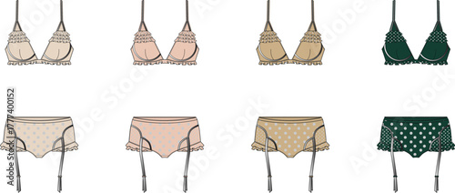 A collection of women's lingerie sets with lace bras and polka dot garter belts in various colors, fashion technical drawing illustration