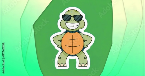 Sporting cartoon turtle sticker posing on green gradient background, with sunglasses, white border