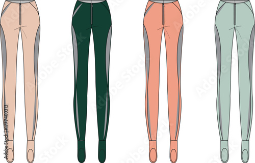 Vector illustration of four women's athletic leggings in diverse colors, featuring stylish side stripe details and practical stirrup hems for modern activewear fashion design