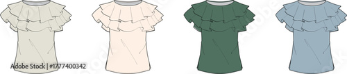 Fashion flat sketch set of a women's tiered ruffle dress design. Technical vector illustration for apparel shown in multiple colorways