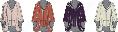A collection of women's casual outerwear fashion illustrations, showcasing a hooded zip-up jacket in multiple color options for apparel design