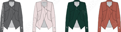 Vector fashion illustration of four contemporary women's blazers, showcasing an elegant draped and asymmetrical design in a diverse color palette, perfect for apparel concept development