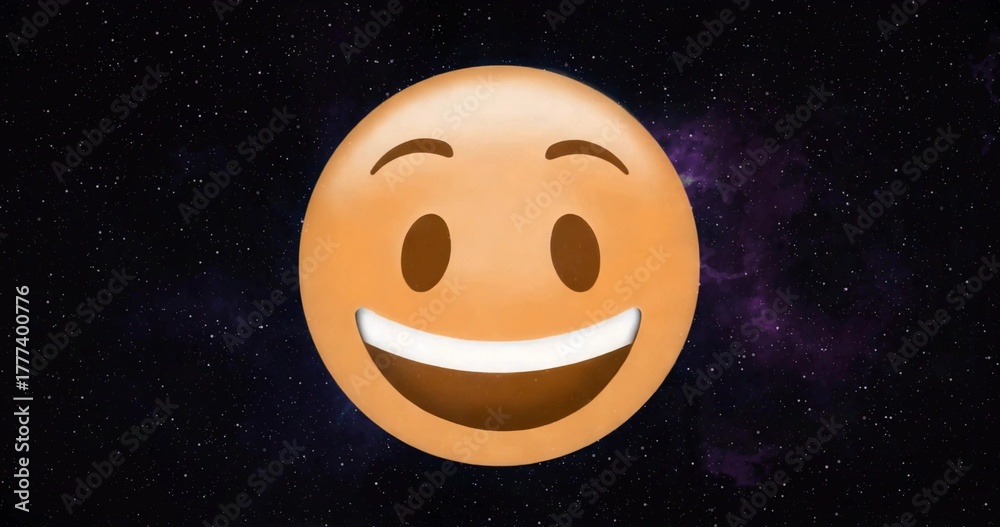 Fototapeta premium Displaying large orange smiling emoji face floating in star-filled outer space, with purple nebula