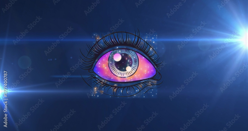 Fototapeta premium Floating stylized eye with nebula iris glowing against deep blue cosmic backdrop, with lens flares