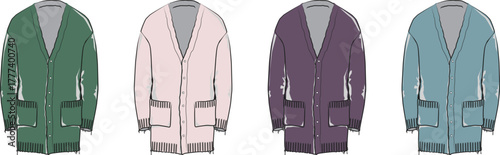 Fashionable collection of comfortable cardigans in four distinct colors, ideal for casual wear and layering during cooler seasons. Flat vector illustration
