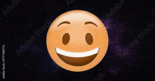 Displaying large orange smiling emoji face floating in star-filled outer space, with purple nebula