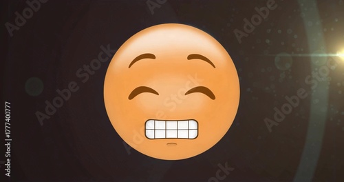 Floating yellow-orange emoticon face drifting in cosmic scene, with lens flare and light particles