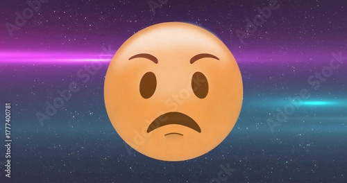 Glowing circular emoticon face floating in cosmic space, with neon-pink and neon-cyan streaks