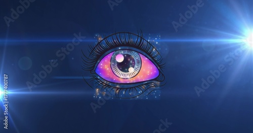 Floating stylized eye with nebula iris glowing against deep blue cosmic backdrop, with lens flares