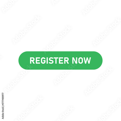 Green register now button. Register now icon vector flat design. Register button.