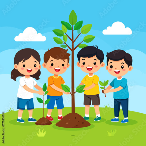 A cheerful group of four diverse cartoon children happily planting a young tree and saplings together outdoors.