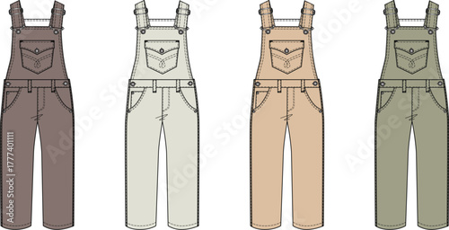 Set of vector fashion flat sketches of overalls for men and women. Collection of dungarees in different colors. Apparel design template
