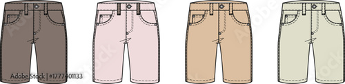 Four pairs of denim shorts in different colors, from dark brown to beige, displayed side by side on a white background