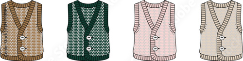 Four knitted vests with different patterns and colors for stylish warmth and fashion