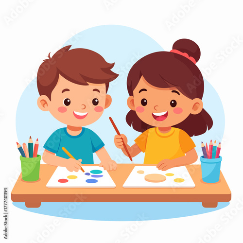 Happy cartoon boy and girl drawing together at a wooden desk with colored pencils.