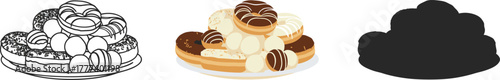 Plate of Assorted Donuts and Donut Holes Set - Outline, Flat Color, and Silhouette Vector Icons