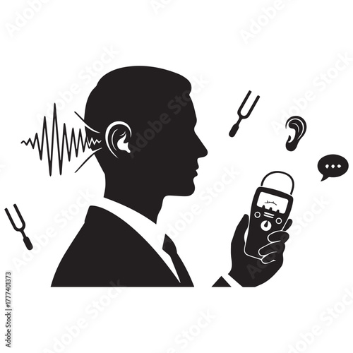 Silhouette of a man undergoing a hearing test with sound waves and tuning forks