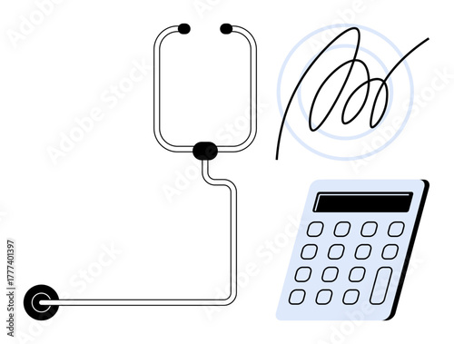 Stethoscope connected to a calculator with a circular line design in the background. Ideal for healthcare finance, budget planning, medical economics, cost analysis, insurance, diagnostics, simple