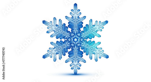 Intricate crystalline formation of a blue snowflake isolated on a pure white backdrop