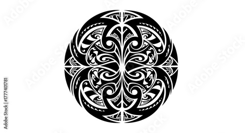 Abstract circular composition with flowing organic and geometric tattoo style motifs