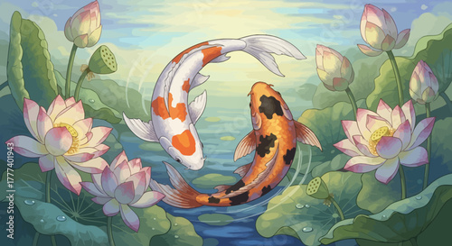 Graceful Koi Dance Amidst Blooming Lotuses Serene Aquatic Harmony and Tranquility Art