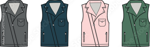 Set of four stylish sleeveless jackets in different colors grey, blue, pink, and green
