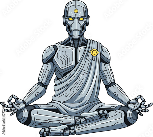 Futuristic robot monk sitting in meditation pose