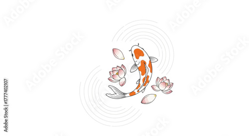 Koi fish amidst lotus flowers with rippling water creating serene japanese design