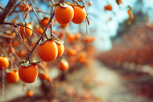 Fototapeta Naklejka Na Ścianę i Meble -  Persimmon orchard with ripe fruits nature photography