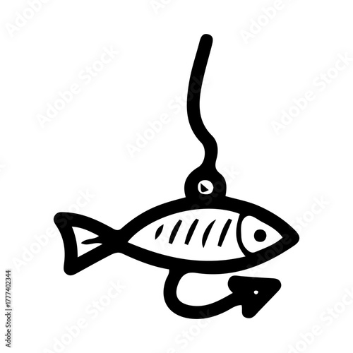 Fishing spoon with hooks. Hand drawn doodle vector. Spinning rod equipment. Wobbler, lure. Artificial fish. Seafood catch. Lake camping. Fishery tackle. Line art illustration.