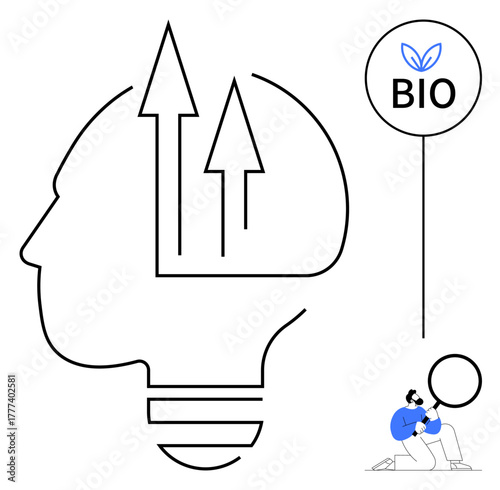 Human head lightbulb design with upward arrows and bio leaf, symbolizing eco-growth and innovation. Ideal for sustainability, green energy, technology, eco-research, environmental awareness