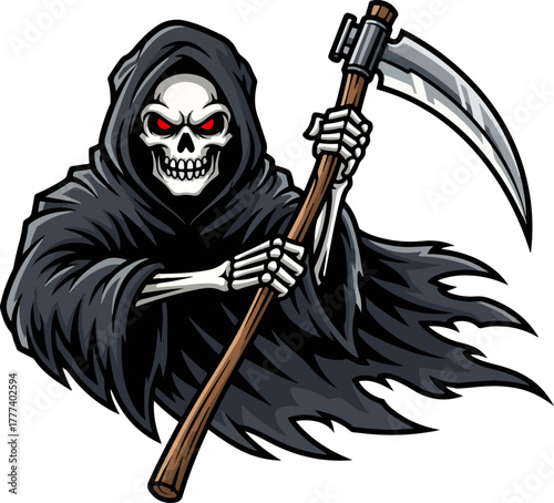 Grim reaper mascot holding scythe