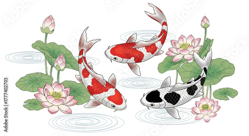 Watercolor serenity: Graceful koi fish gliding through serene waters amongst lotus blooms
