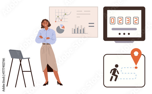 Businesswoman standing near data charts, KPI dashboard, and navigation progress visualization. Ideal for analytics, leadership, strategy, goal tracking, performance, decision-making simple flat