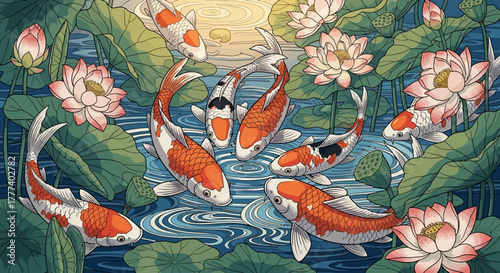 Koi fish harmony in a pond with lotus flowers, a colorful nature scene evoking tranquility and peace