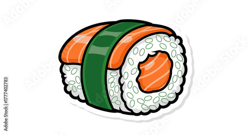 Delicious salmon sushi cartoon illustration with seaweed and rice on a white background