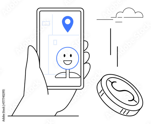 Hand holding smartphone showing happy face, location pin, floating coin, and cloud. Ideal for navigation, digital payments, app technology, user interface, online services mobile interaction simple