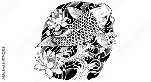 Traditional tattoo art featuring a koi fish, lotus flowers, and stylized water patterns in