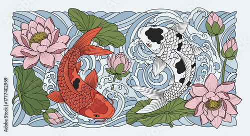Elegant depiction of two koi fishes swimming amidst serene lotuses and gentle waves