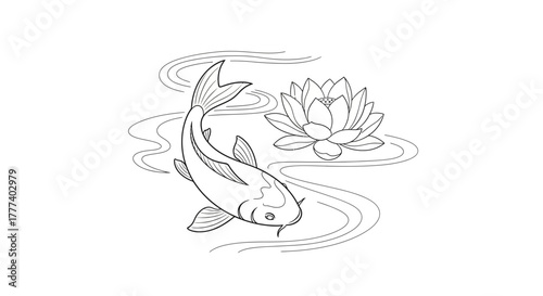 Graceful koi swims alongside a serene lotus blossom in stylized zen garden illustration