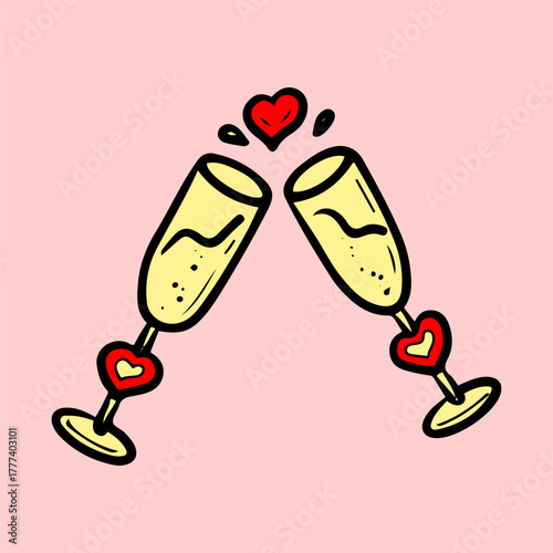 Lovers clinking glasses champagne. Hand drawn flat vector. Valentine Day. Alcoholic drink, beverage. Drinking. Romantic holiday love. Postcard celebration. Wedding anniversary. Doodle illustration.
