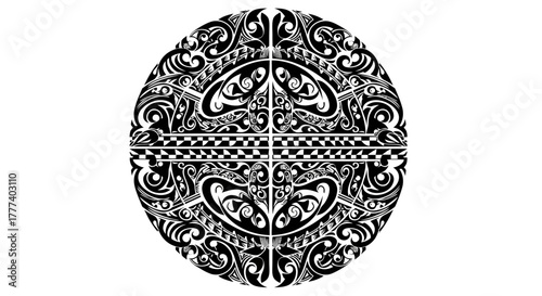 Stylized tribal pattern with complex curvilinear shapes within a circular format