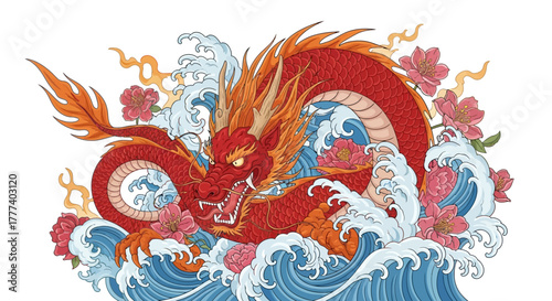 Majestic red dragon amidst crashing waves and blossoming flowers of oriental design