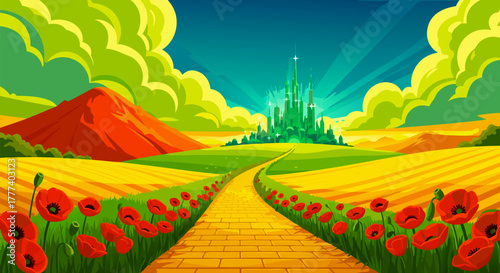 Vibrant fantasy landscape featuring a golden path winding through colorful fields of flowers towards a majestic, shimmering green city under a radiant sky