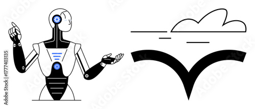 Humanoid robot with mechanical features gesturing toward abstract cloud and bird-thumbs up shapes. Ideal for AI, technology, futuristic vision, innovation, eco-tech, robotics, digital transformation