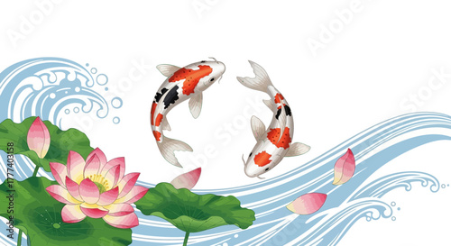 Elegant koi fish and lotus flower watercolor illustration showcasing japanese artistry and natural