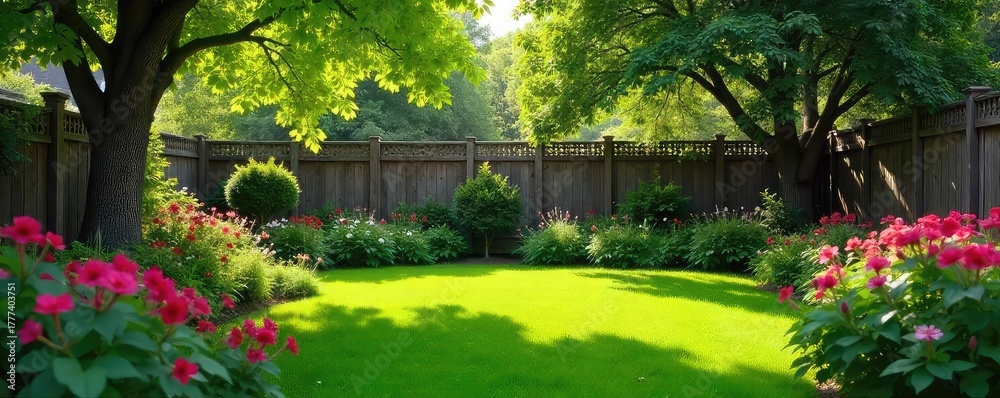 Obraz premium A lush green backyard with vibrant flowers, a wooden fence, and mature trees providing shade Perfect for relaxation and outdoor activities Enjoy the tranquil scene , home, wood, summer